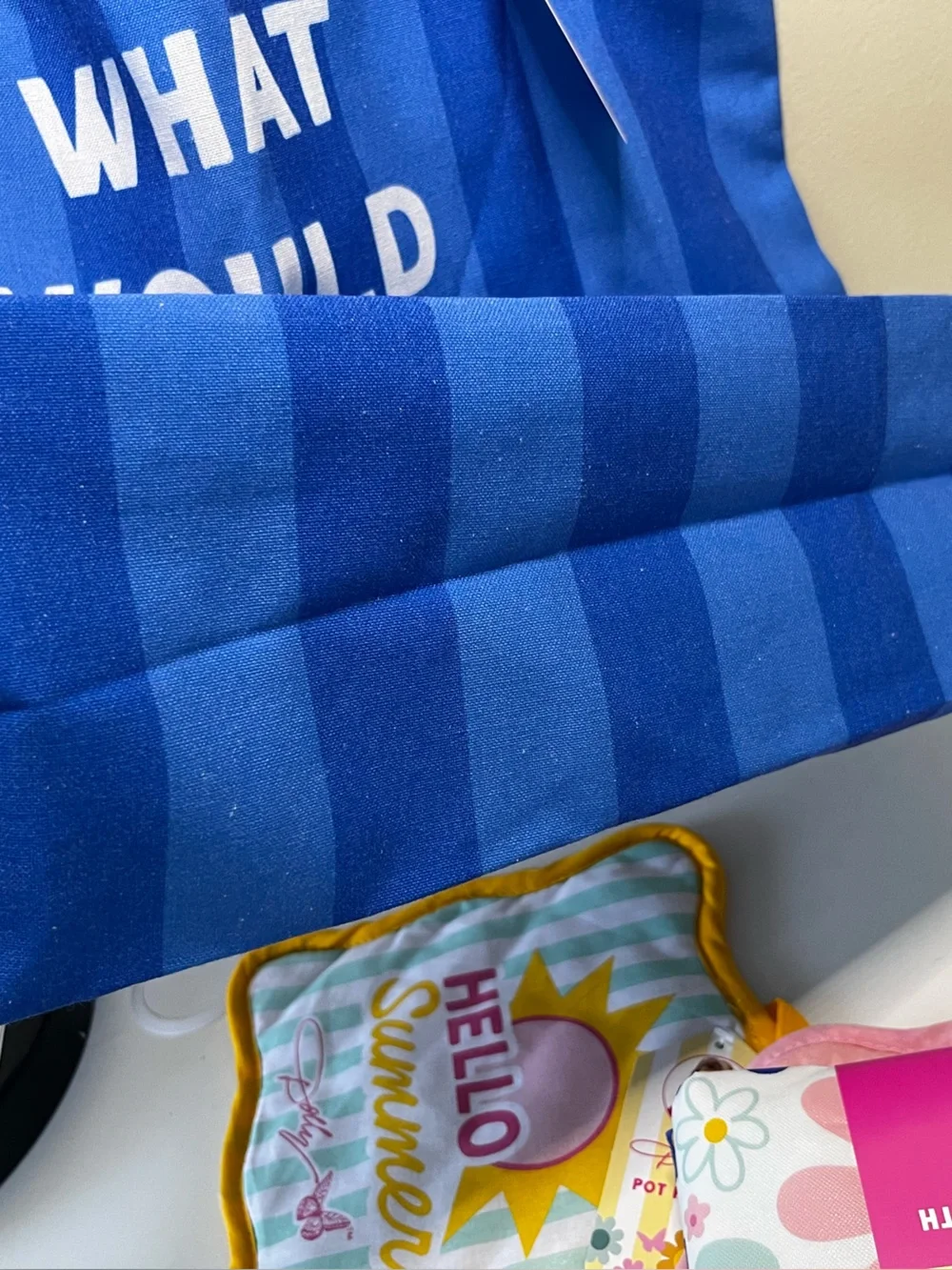 Dolly Parton What Would Dolly Do? Blue Stripe Tote Vinyl Tablecloth Pot Holders